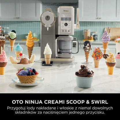 Ninja CREAMi Scoop and Swirl Maszyna do lodów z 2 pojemnikami, 13 funkcji, przygotowuje lody, lody włoskie, gelato, koktajle mleczne i inne desery, opcja dodatków, kamienne złoto, NC701EUSTGD
