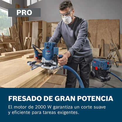 Bosch Professional Fresadora con cable GOF 20-12 (potencia absorbida de 2000 W, incl. aspiración de polvo, guía de rodillos y paralela, pasador de centrado, llave de vaso, set de pinzas)