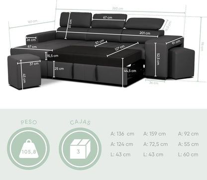 BUDWING John Sofá Cama Esquinero 4 Plazas - Chaise Longue Reversible, Reposacabezas Ajustable y 2 Pufs – Tapizado en Poliuretano – Estilo Moderno – 263x161x96 cm – Negro