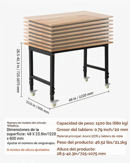 VEVOR Banco de Trabajo 122 x 60 cm, Mesa de Taller Altura Ajustable de 8 Niveles de 72,5-107,5 cm, Carga de 680 kg, Mesa de Madera Marco de Metal con Ruedas para Oficina, Garaje, Taller, Hogar