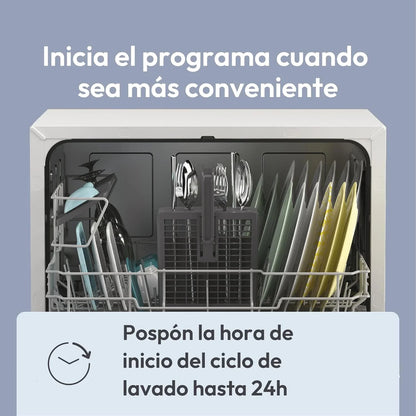 Candy CP 6E51LW Lavavajillas Pequeño y Compacto, 6 Servicios, Digital, 51DBA, 5 Ciclos, Media Carga, Inicio Diferido 3-6-9 horas, Indicador Sal y Abrillantador, Indicador Fin de Ciclo, Blanco