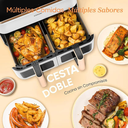 Cosori Freidora de Aire 8,5L, Doble Cesta con Ventana, 10 Funciones, Blanca