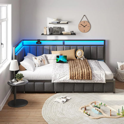 DICTAC Upholstered Bed Sofa Bed 90 x 190 cm with LED Lighting and USB Socket, Youth Beds with 2 Storage Drawers, Bed Frame 90 x 190 cm with Metal Slatted Base, Dark Grey