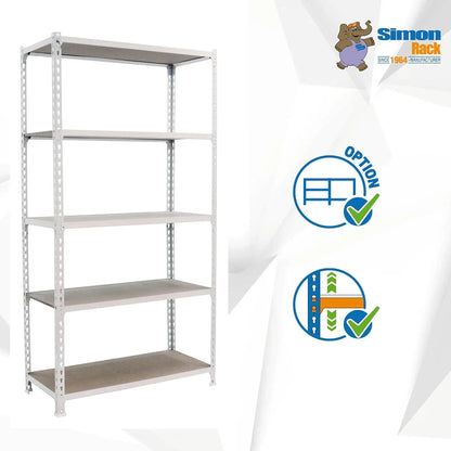 SimonRack Estanteria Metalica, 5 Baldas Madera Ajustables, 200 kg de Punto Flexión, 2000x1200x500 mm, Estantería Almacenaje, Sin tornillos, Blanco/Madera - Maderclick