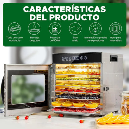 Kwasyo Deshidratador de Alimentos Acero Inoxidable Libre de BPA, Deshidratadora de Frutas y Verduras con Pantalla LCD, Temperatura 30-90℃, Temporizador, Hierbas, Nueces, Yogurt, 8 Bandejas, 500W