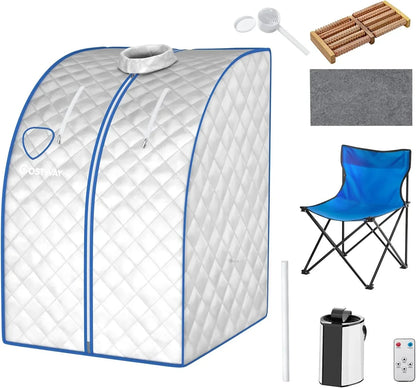 GOPLUS 1000W Sauna de Vapor 3L hasta 64℃, Caja de Sauna Plegable con Silla, Carpa de Sauna con Temperatura Ajustable, Cabina de Sauna Portátil con Ajuste de Temporizador, Plateado