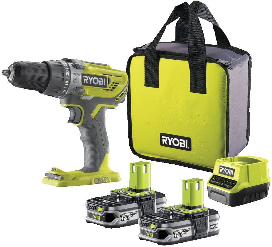 RYOBI Taladro Percutor Atornillador Inalámbrico 18V ONE+ con 2 Baterías 1.5Ah, Cargador y Bolsa - 2 Velocidades