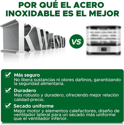 Kwasyo Deshidratador de Alimentos Acero Inoxidable Libre de BPA, Deshidratadora de Frutas y Verduras con Pantalla LCD, Temperatura 30-90℃, Temporizador, Hierbas, Nueces, Yogurt, 8 Bandejas, 500W