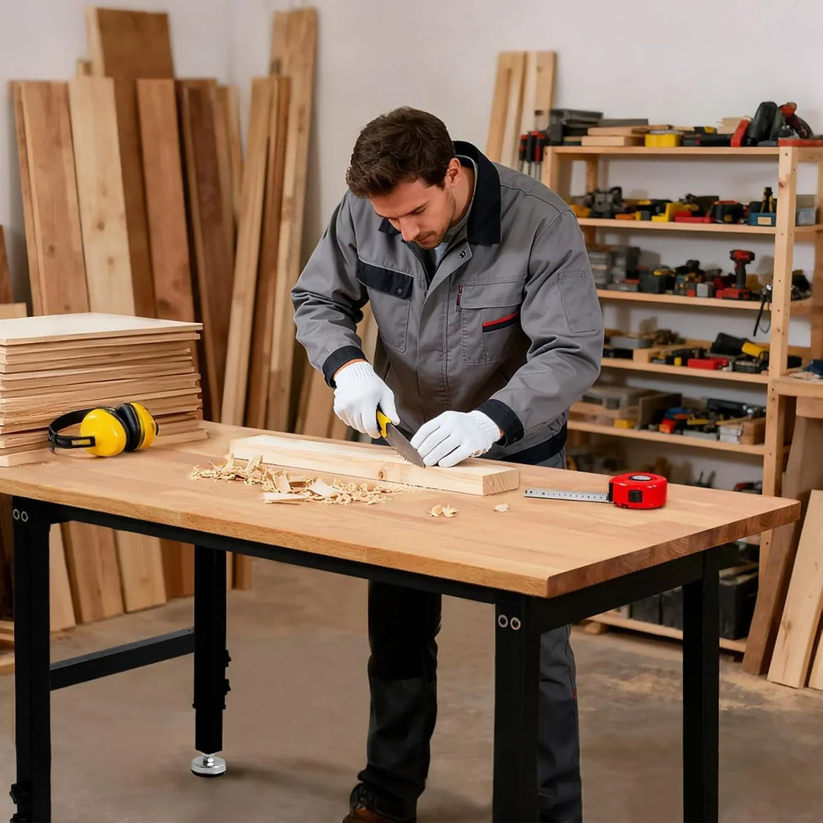 VEVOR Banco de Trabajo 122 x 60 cm, Mesa de Taller Altura Ajustable de 8 Niveles de 67-102 cm, Carga de 680 kg, Mesa de Madera Grosor del Tablero de 2 cm Marco de Metal para Oficina, Garaje, Hogar