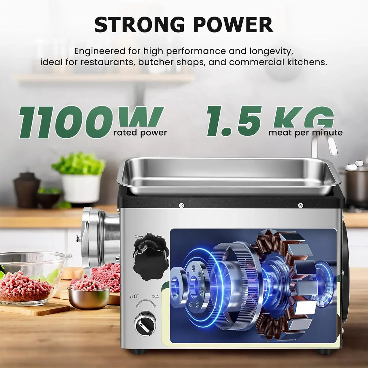 Huanyu Picadora Electrica Picadora de Carne Eléctrica Comercial 1100W Multifunción Picadora Electrica de Alimentos Con Embutidora de Chorizos Trituradora de Carne con 2 Cuchillas y 4 Placas de Corte