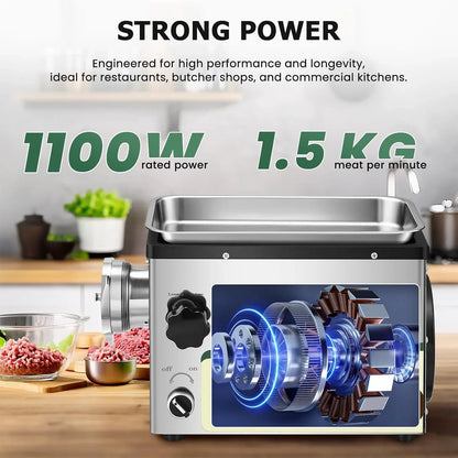 Huanyu Picadora Electrica Picadora de Carne Eléctrica Comercial 1100W Multifunción Picadora Electrica de Alimentos Con Embutidora de Chorizos Trituradora de Carne con 2 Cuchillas y 4 Placas de Corte