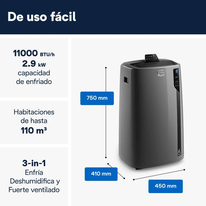 Pingüino PACEL112 Silent Aire Acondicionado Portátil Silencioso con Tecnología Eco Real Feel y Cool Surround, Función Deshumidificadora, 2.9 kW, 63 dB, Plástico, Negro, Clasa A, hasta 110m3