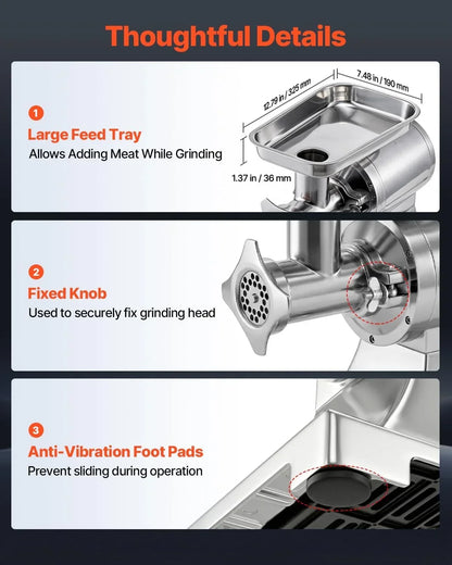 VEVOR Picadora de Carne 750W 1 HP, Picadora de Carne Eléctrica 4,2 kg/min, de Acero Inoxidable, con 2 Placas, 3 Tubos de Embutir Salchichas, para Cocinas Domésticas, Restaurantes, Carnicerías