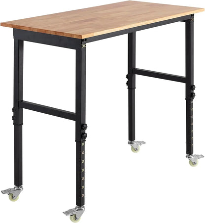 VEVOR Banco de Trabajo 122 x 60 cm, Mesa de Taller Altura Ajustable de 8 Niveles de 72,5-107,5 cm, Carga de 680 kg, Mesa de Madera Marco de Metal con Ruedas para Oficina, Garaje, Taller, Hogar