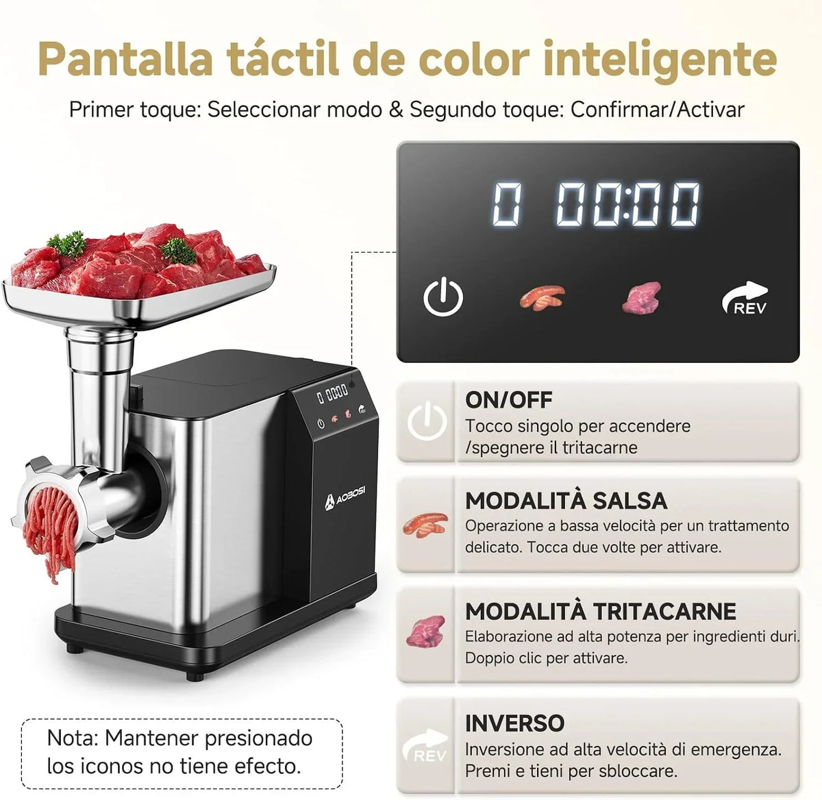 AAOBOSI Picadora De Carne Eléctrica [3000W MAX] Con Pantalla LED, 3 Velocidades, Picadora De Carne Con Sistema Anti-Atascos,Almacenamiento Integrado, Puede Hacer Salchichas & Kibbe, Ideal Para Hogar