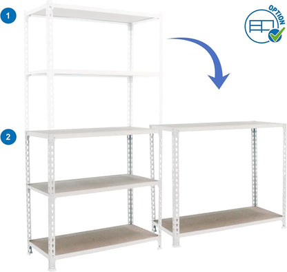 SimonRack Estanteria Metalica, 5 Baldas Madera Ajustables, 200 kg de Punto Flexión, 2000x1200x500 mm, Estantería Almacenaje, Sin tornillos, Blanco/Madera - Maderclick