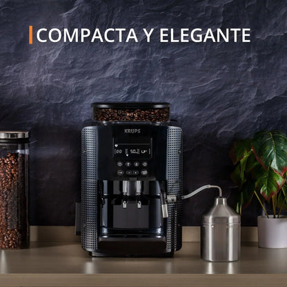 2025 Krups Essential - Cafetera súper automática, 15 Bares de presión, Molinillo cónico de Metal, con selección de cantidad e Intensidad de café, 1.7 l, 1 Cups, Acero, Pantalla LCD + Acc. Leche