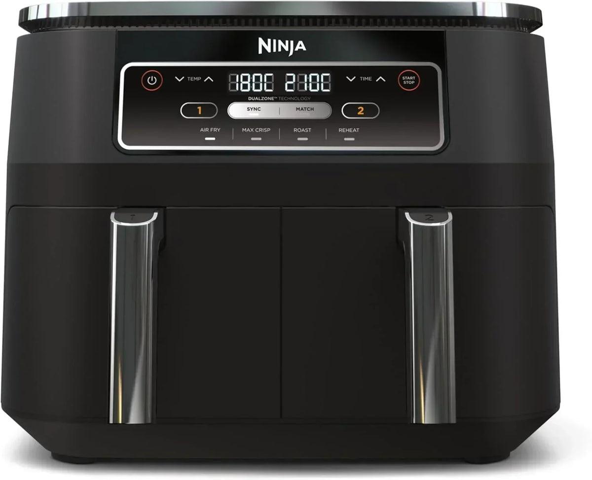 Ninja MAX Oil Free Double Compartment Air Fryer with 2 Drawers, 9.5 Litre, Oil Free, Air Fry, Max Crisp, Roast, Bake, Reheat, Dehydrate, Non-Stick Baskets, Gold Stone, DZ400EUSTGD