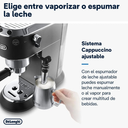 De'Longhi Dedica – Cafetera de Bomba de Acero Inoxidable para Café Molido o Monodosis, Espresso y Capuchino, Depósito de 1.3 Litros, Sistema Antigoteo, Modelo EC685.M, Color Metal