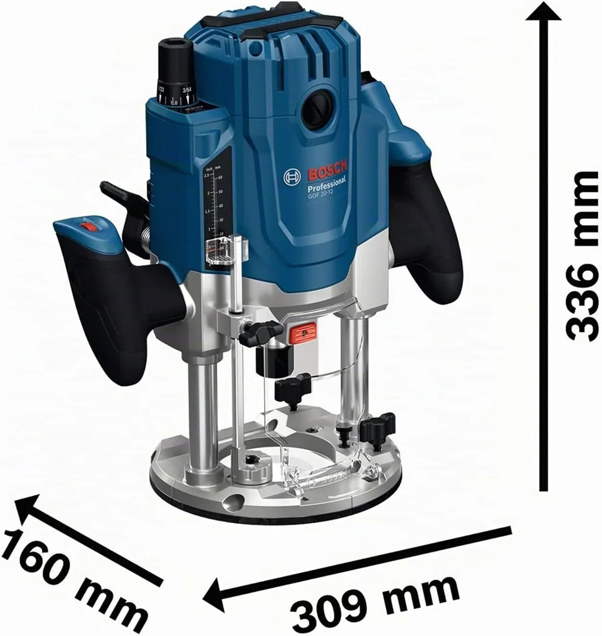 Bosch Professional Fresadora con cable GOF 20-12 (potencia absorbida de 2000 W, incl. aspiración de polvo, guía de rodillos y paralela, pasador de centrado, llave de vaso, set de pinzas)