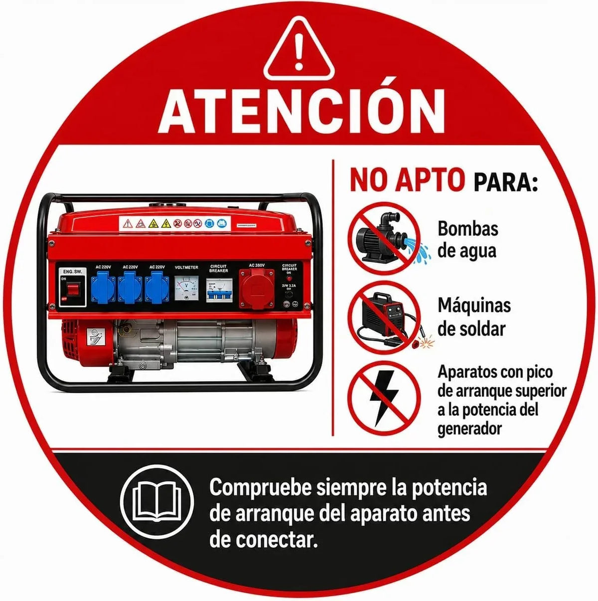 SVE Generador Eléctrico Gasolina 15L 5500W 230/380V 4 ENCHUFES (2500W Trifásico 3000W Monofásico) Motor 4 Tiempos