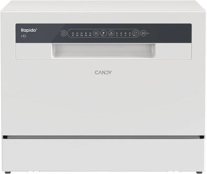 Candy CP 6E51LW Lavavajillas Pequeño y Compacto, 6 Servicios, Digital, 51DBA, 5 Ciclos, Media Carga, Inicio Diferido 3-6-9 horas, Indicador Sal y Abrillantador, Indicador Fin de Ciclo, Blanco