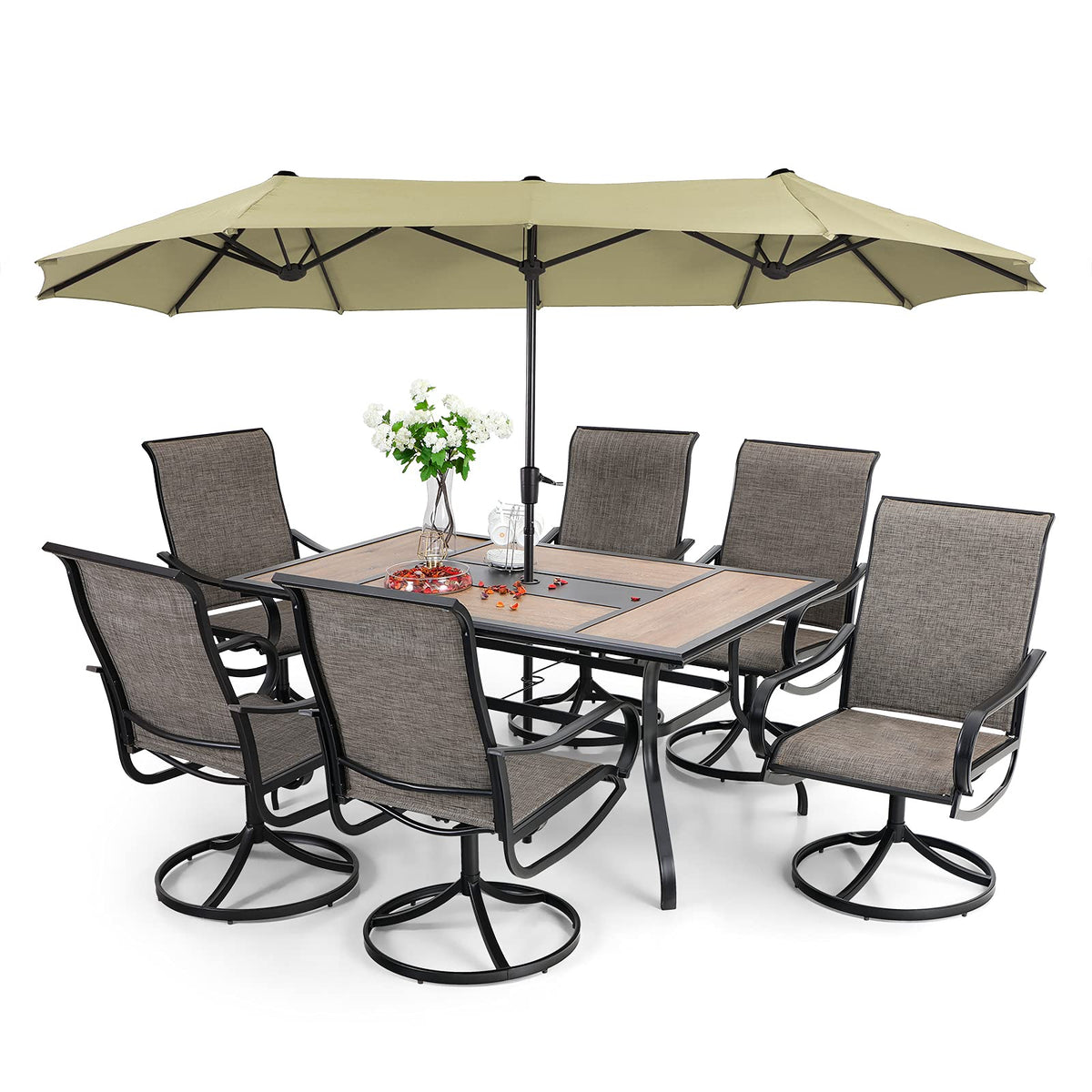 2025 Conjunto de comedor de exterior de 8 piezas con sombrilla y 6 sillas giratorias