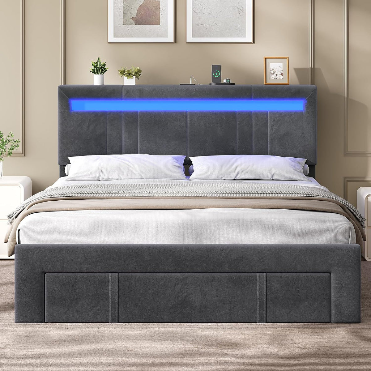 AGOLLATI Double Beds 140 x 200 cm with Hydraulic Storage, Upholstered Bed Frame with LED Youth Bed Canape with Charging Station Bed with Adjustable Headboard and Drawers Bed Frame Velvet