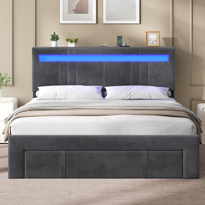 AGOLLATI Double Beds 140 x 200 cm with Hydraulic Storage, Upholstered Bed Frame with LED Youth Bed Canape with Charging Station Bed with Adjustable Headboard and Drawers Bed Frame Velvet