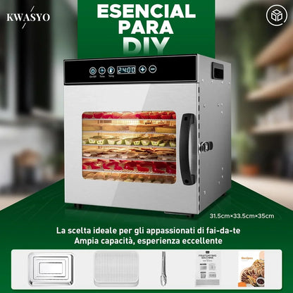 Kwasyo Deshidratador de Alimentos Acero Inoxidable Libre de BPA, Deshidratadora de Frutas y Verduras con Pantalla LCD, Temperatura 30-90℃, Temporizador, Hierbas, Nueces, Yogurt, 8 Bandejas, 500W