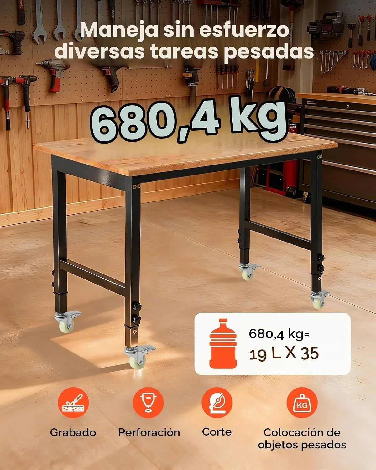 VEVOR Banco de Trabajo 122 x 60 cm, Mesa de Taller Altura Ajustable de 8 Niveles de 72,5-107,5 cm, Carga de 680 kg, Mesa de Madera Marco de Metal con Ruedas para Oficina, Garaje, Taller, Hogar