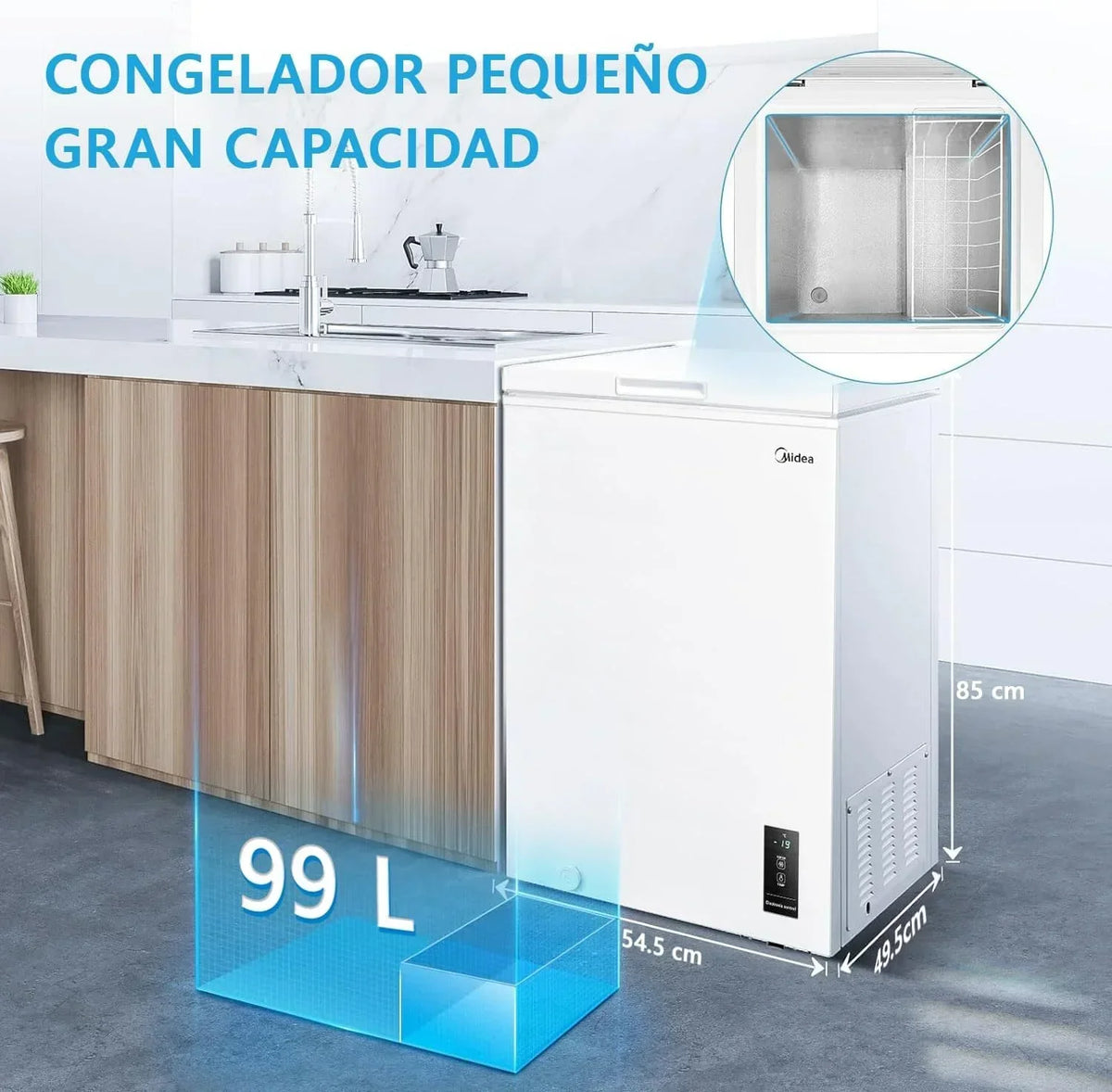 MIDEA Arcon Congelador Pequeño Horizontal de 99L, Motor Inverter, Control Electrónico de Temperatura, Tecnologia D-TYPE Tube, Cestas con Asa, Easy Move, Silencioso 39dBA, Bajo Consumo, Blanco
