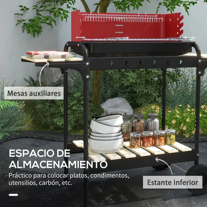 Barbacoa De Carbón Outsunny Metal Pino, 103x47x95 Cm, Rojo Y Negro