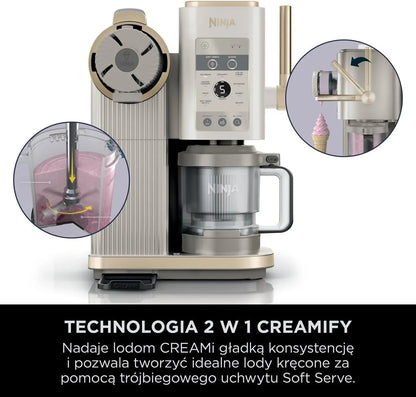 Ninja CREAMi Scoop and Swirl Maszyna do lodów z 2 pojemnikami, 13 funkcji, przygotowuje lody, lody włoskie, gelato, koktajle mleczne i inne desery, opcja dodatków, kamienne złoto, NC701EUSTGD