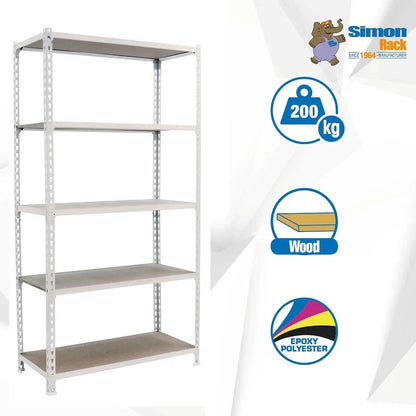 SimonRack Estanteria Metalica, 5 Baldas Madera Ajustables, 200 kg de Punto Flexión, 2000x1200x500 mm, Estantería Almacenaje, Sin tornillos, Blanco/Madera - Maderclick