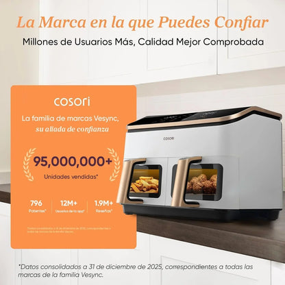 Cosori Freidora de Aire 8,5L, Doble Cesta con Ventana, 10 Funciones, Blanca