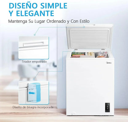 MIDEA Arcon Congelador Pequeño Horizontal de 99L, Motor Inverter, Control Electrónico de Temperatura, Tecnologia D-TYPE Tube, Cestas con Asa, Easy Move, Silencioso 39dBA, Bajo Consumo, Blanco
