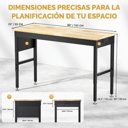 Banco de Trabajo Robusto 152 x 55 cm, Mesa de Trabajo Regulable