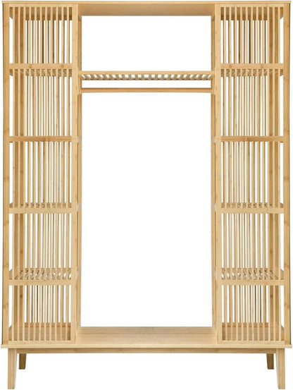 [en.casa] Armario para Ropa con 2 Puertas Deslizantes Clóset con 12 Estantes y 1 Barra de Colgar Perchero de Bambú 185 x 140 x 45 cm Natural