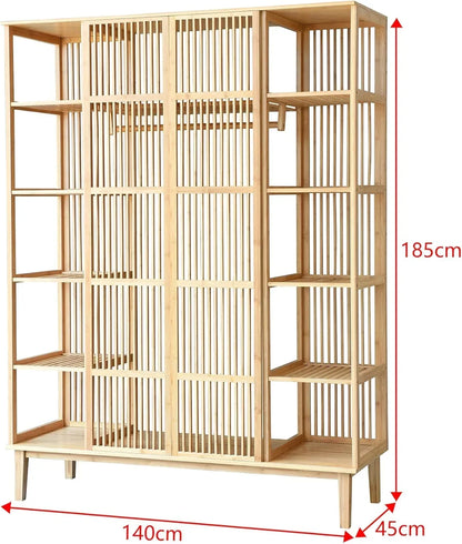 [en.casa] Armario para Ropa con 2 Puertas Deslizantes Clóset con 12 Estantes y 1 Barra de Colgar Perchero de Bambú 185 x 140 x 45 cm Natural