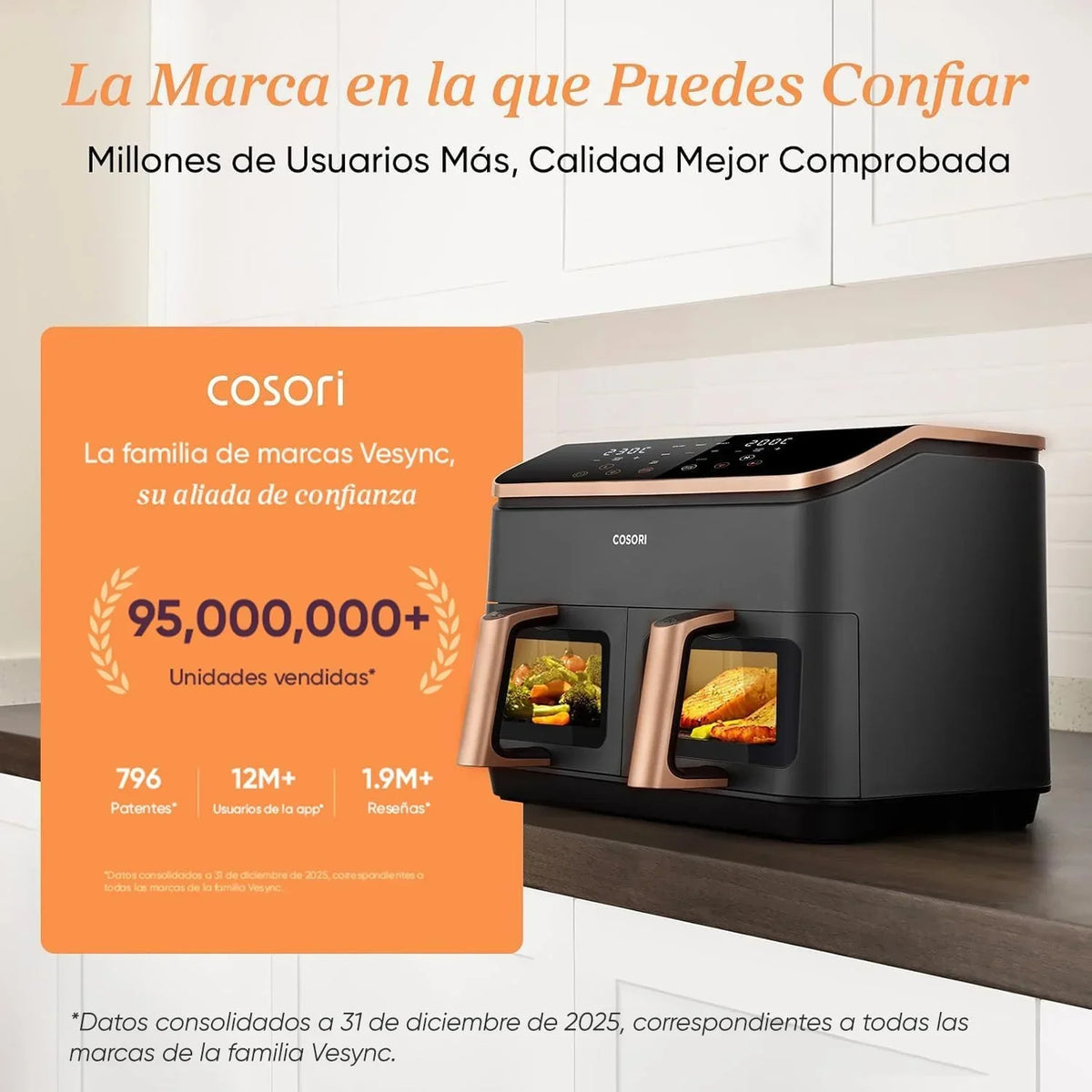 Cosori Freidora de Aire 8,5L, Doble Cesta con Ventana, 10 Funciones, Oro