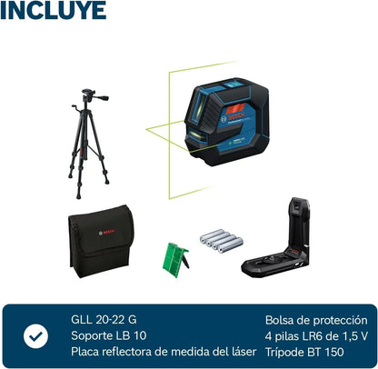Bosch Professional Nivel láser GLL 20-22 G (soporte LB 10, láser verde, uso en interiores, doble fuente de alimentación, 2 pilas LR6 de 1,5 V, bolsa protectora, trípode BT 150)